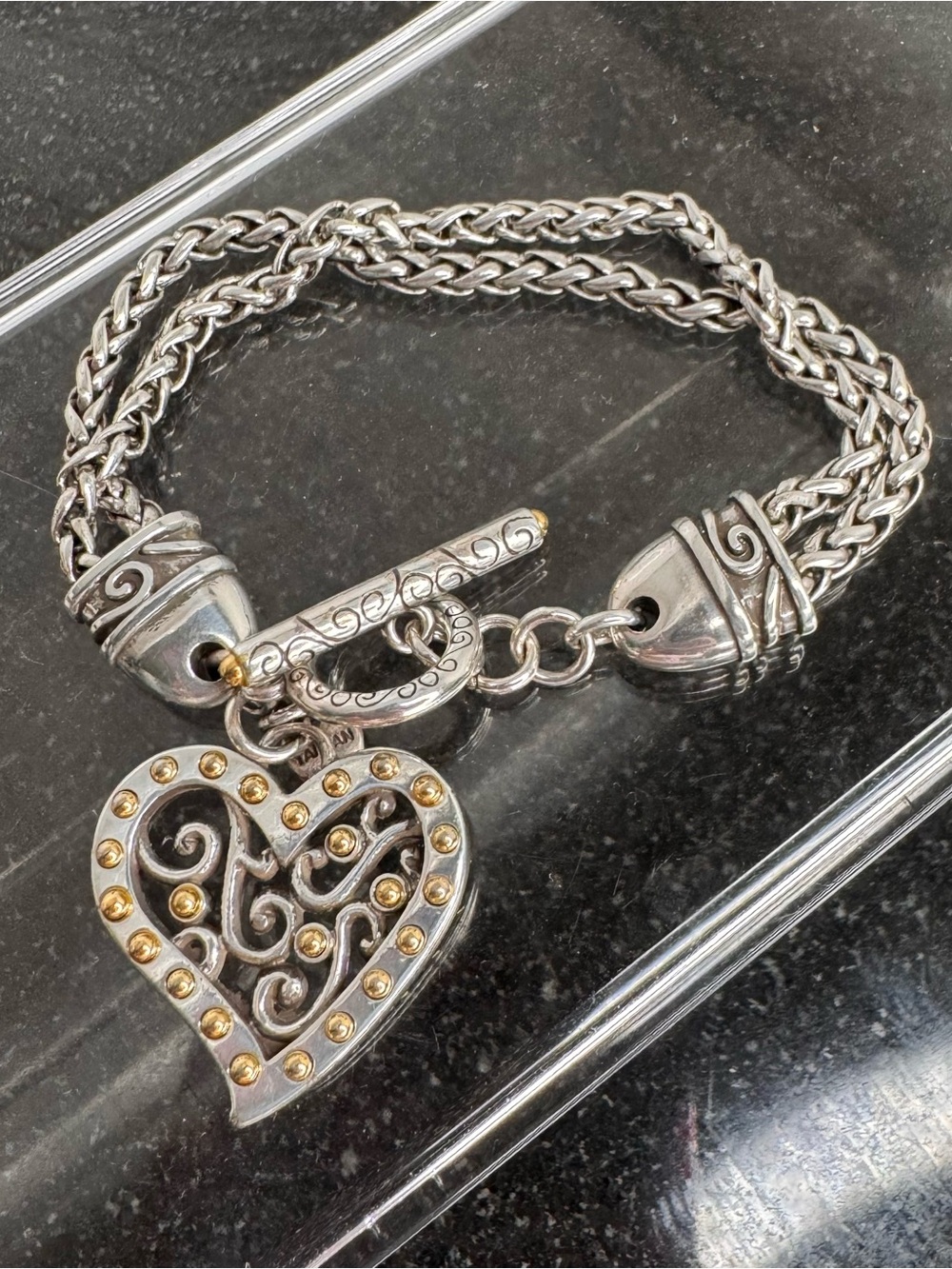 Brighton Silver Plate Heart Charm Two Strand Bracelet